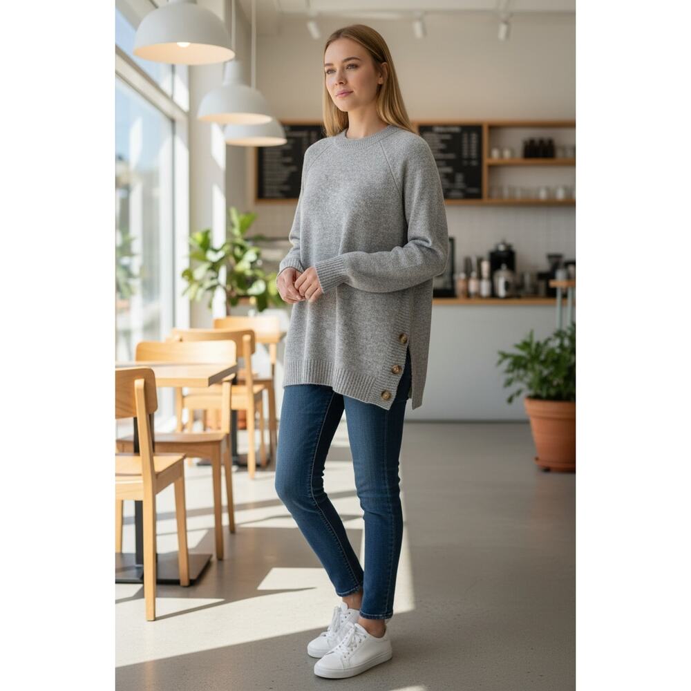 STACCATO Sweater Size S Soft Gray Brown Buttons Oversized Crew Neck Pullover